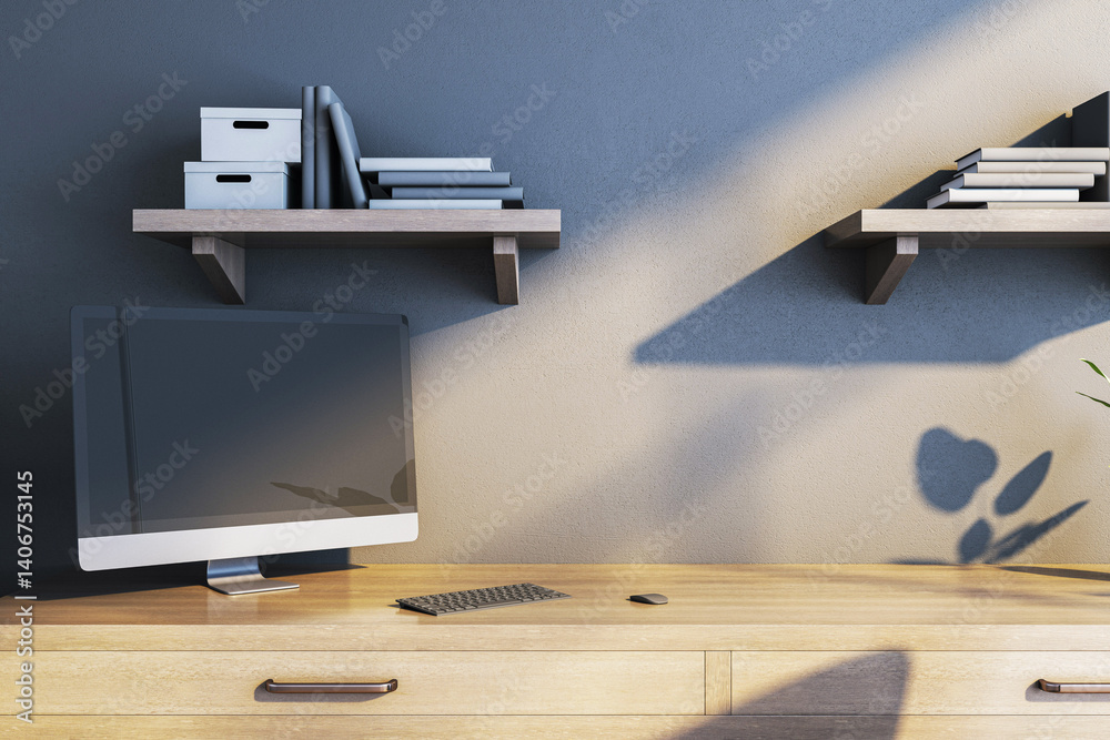 Poster Minimalist workspace with computer monitor on wooden desk under floating shelves with books and boxes, sunlight casting shadows on wall. 3D Rendering