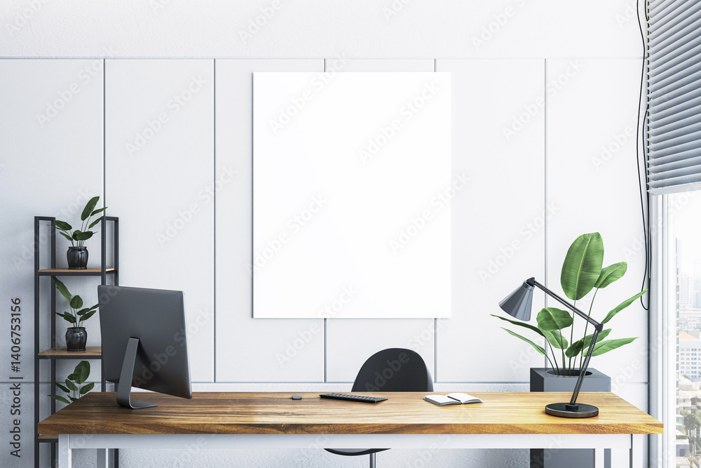 Poster modern office interior with blank vertical canvas poster mockup on wall above wooden desk setup, per