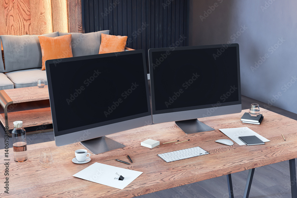 Poster modern workspace mockup with two blank computer screen