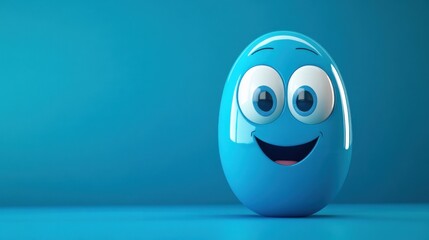A cheerful cartoon character resembling a medicine pill, with large eyes and a friendly smile, set against a vibrant blue background. illustration