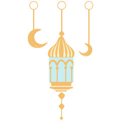 Flat pastel vector illustration of an Islamic lantern with hanging crescent moons. Perfect for Ramadan, Eid, or festive decorations. Clean design for digital and print use.