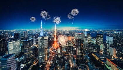 都市の上空に炸裂する打ち上げ花火の空撮CGイラスト 花火大会