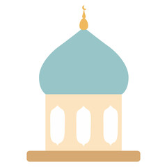 Flat vector illustration of a mosque with two tall minarets and a central blue dome topped with a crescent moon. Perfect for Ramadan, Eid, or Islamic cultural and religious themed designs.