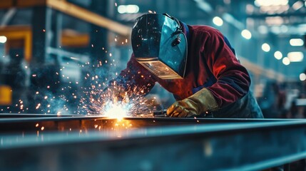 Welder fusing metal beams at an industrial site. Featuring high-intensity precision welding and sparks