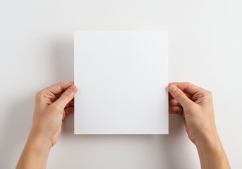 Obraz premium Two hands holding blank white sheet of paper isolated on white background