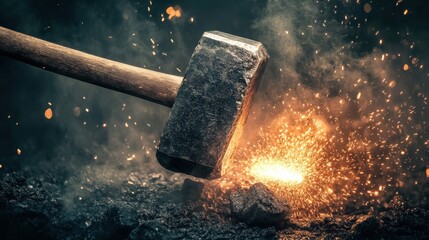 Skillful craftsmanship is on display as a heavy hammer strikes a piece of hot metal, sending sparks flying in a blacksmith workshop. The warm glow from the embers illuminates the surroundings