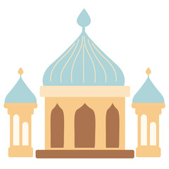 Flat vector illustration of a mosque with two tall minarets and a central blue dome topped with a crescent moon. Perfect for Ramadan, Eid, or Islamic cultural and religious themed designs.