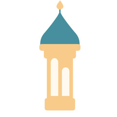 Flat vector illustration of a mosque with two tall minarets and a central blue dome topped with a crescent moon. Perfect for Ramadan, Eid, or Islamic cultural and religious themed designs.