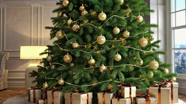 Festive evergreen Christmas tree decorated with golden baubles and string lights surrounded by wrapped presents for holiday celebration