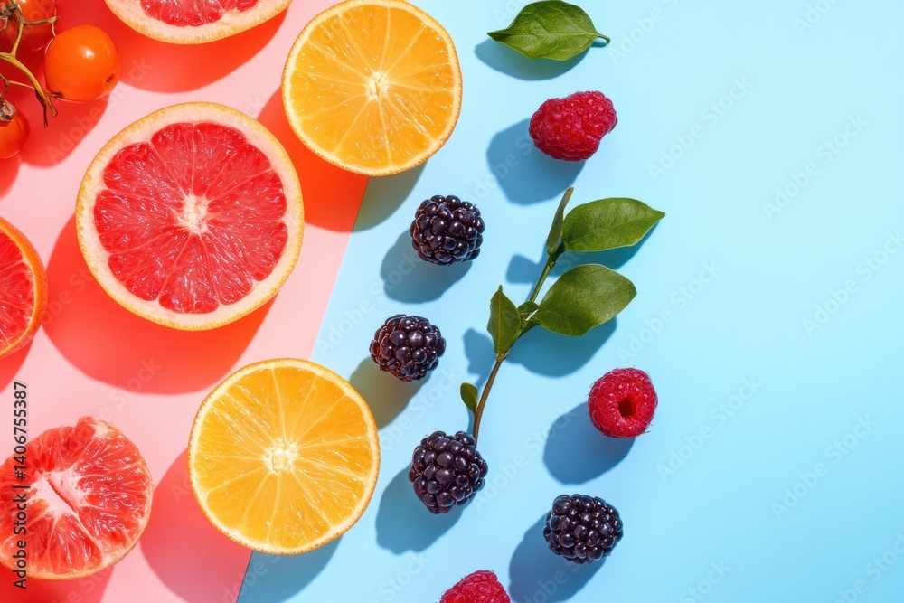 Aufkleber Vibrant composition of fresh fruits and berries on a soft pastel background with a clean minimal style