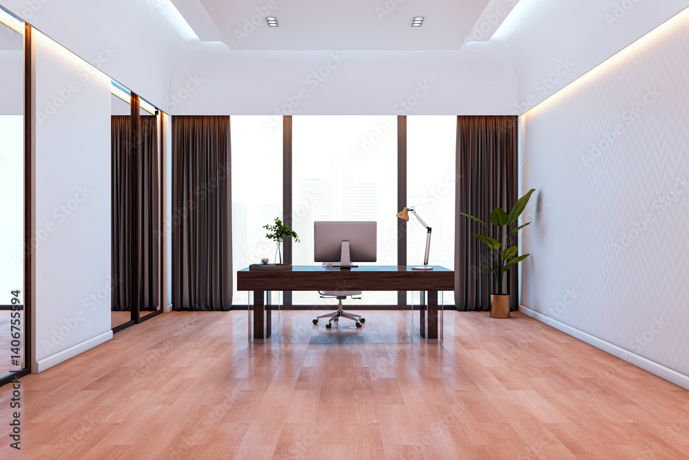 Poster modern executive office interior with wooden floor, large window view, sleek desk and minimalist des