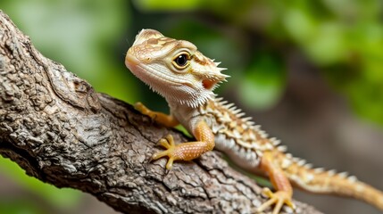 Fototapeta premium Bearded dragon climbing on a branch lush green environment wildlife photography close-up viewpoint animal behavior