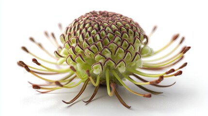 Close-up of a pincushion flower on white background.