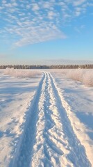 A snowy path cuts through a pristine winter landscape, leading towards a snow-covered forest under a bright blue sky.
