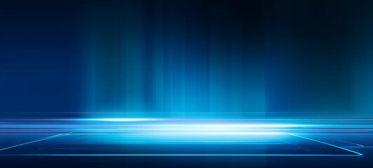 A dark room with a blue glowing floor and a blue glowing rectangle in the distance. A vibrant blue light beam radiating from a central point, Abstract Blue Light