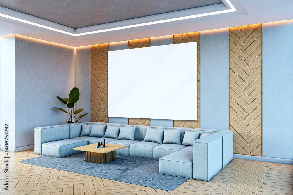 Poster modern living room interior with blank canvas mockup on wooden accent wall above sectional sofa for 