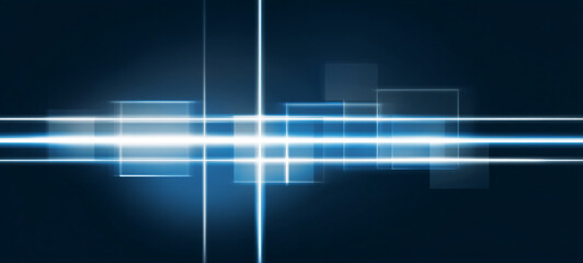 Obraz premium A dark room with a blue glowing floor and a blue glowing rectangle in the distance. A vibrant blue light beam radiating from a central point, Abstract Blue Light
