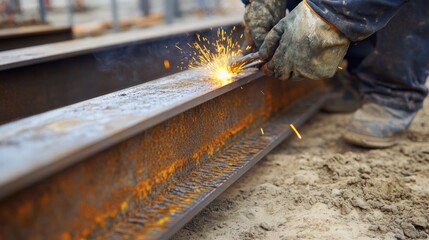 Welder joining metal beams in a steel construction project. Featuring welding work