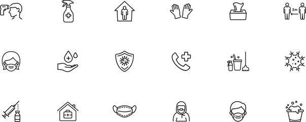 Health editable outline icon set. Protection, hygiene, virus, safety, prevention and more.