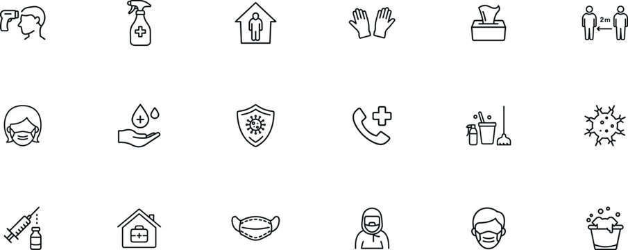 Health editable outline icon set. Protection, hygiene, virus, safety, prevention and more.