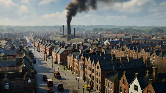 Victorian Era Industrial Cityscape: A Panoramic View of a 19th-Century Town