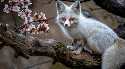 Vivid action of a silver fox among cherry blossoms surrounded by nature captured in a serene environment