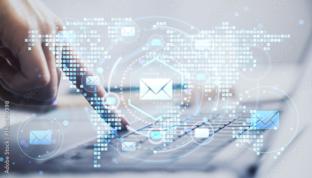 Aufkleber Business communication concept with person using digital email interface on tablet device, futuristic technology icons over light background.
