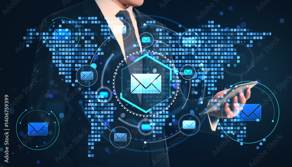 Poster businessperson using digital tablet with global email communication interface on abstract blue techn