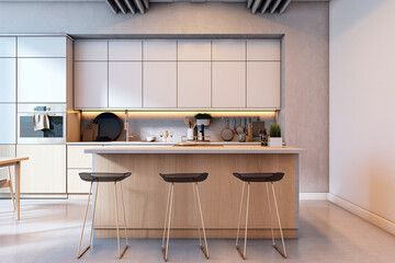 Modern minimalist kitchen interior with light wood cabinets, bar stools, and integrated appliances in stylish apartment setting. 3D Rendering