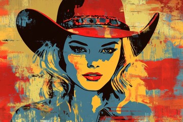 Portrait of a woman wearing a cowboy hat. The art has a modern pop art style. The colors are vibrant and bold for a striking appearance.