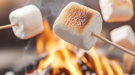 Enjoying roasted marshmallows by the campfire during a fun adventure camping trip at dusk in the great outdoors