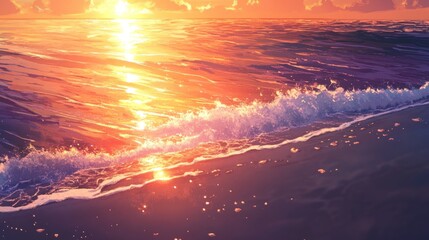 Obraz premium Stunning sunset over the ocean with waves crashing on the shore.