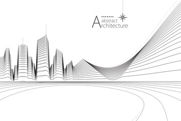 3D illustration abstract urban landscape, imaginative architectural perspective line drawing.