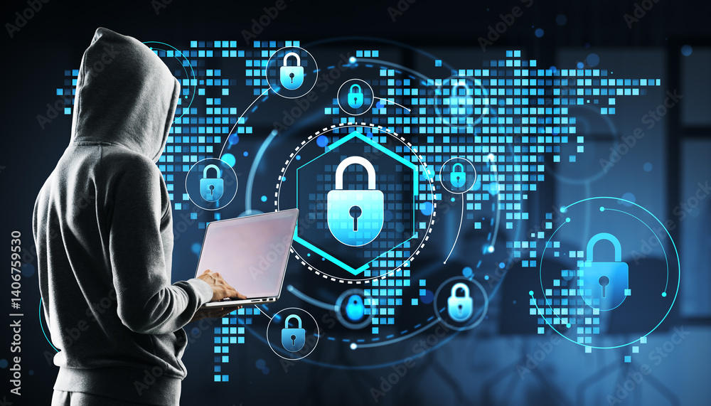 Poster Person in hoodie using laptop with holographic padlock icons and pixelated world map on dark background symbolizing cybersecurity concept.