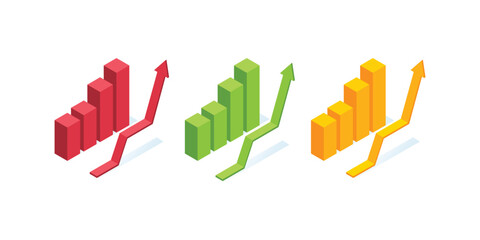 Set of isometric vector illustration isolated on white background, Chart with up arrow, business analytics and financial growth. Chart data diagram isometric. red, green and yellow chart arrow up.