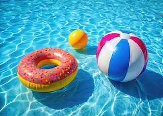 Summer's vibrant scene:  a perfectly focused inflatable donut and beach ball in the pool.