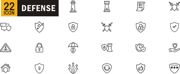 Defense editable outline icon set. Security shield protection privacy lock and more.