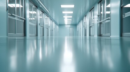 Silent hospital corridor modern healthcare facility interior photograph calm atmosphere ground level view medical environment