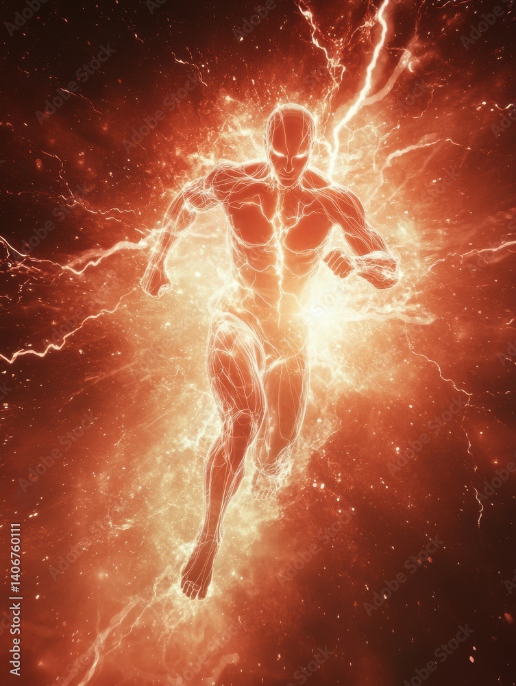 Fototapete Dynamic energy burst surrounds a running figure in a powerful display of strength and movement against a red backdrop