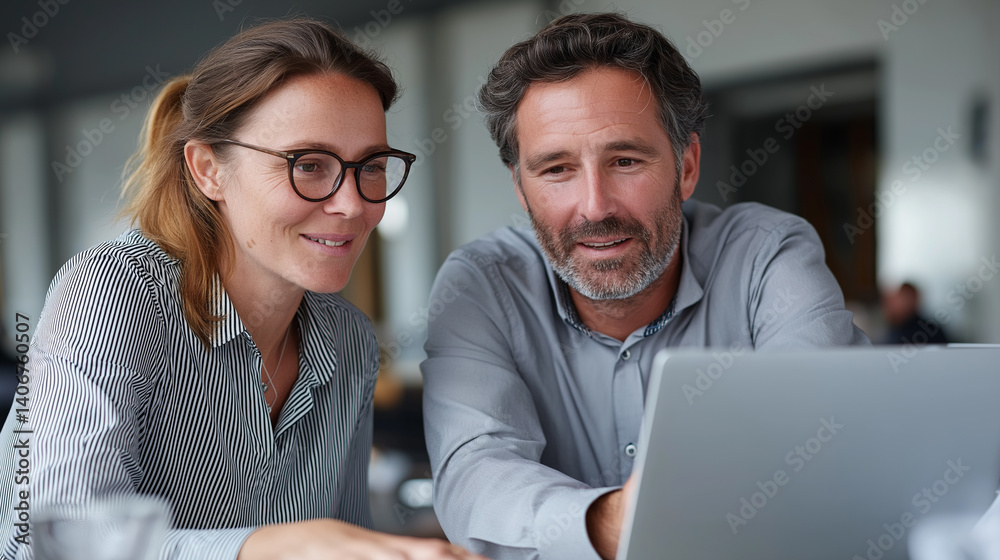 Aufkleber a woman and a man are deeply engaged in a discussion while examining a laptop screen, showcasing tea