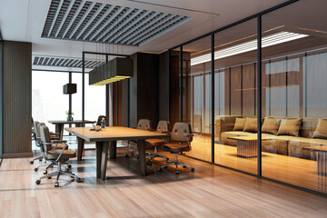 Contemporary executive boardroom with glass partitions, wooden furniture, and city view in modern office interior. 3D Rendering