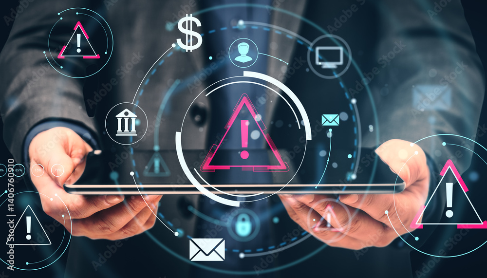 Poster Cybersecurity warning concept with person holding tablet and digital danger icons over dark abstract technology background in business setting.
