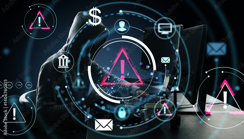 Aufkleber Cybersecurity warning concept with hooded person using computer surrounded by digital alert icons on dark background with glowing interface.