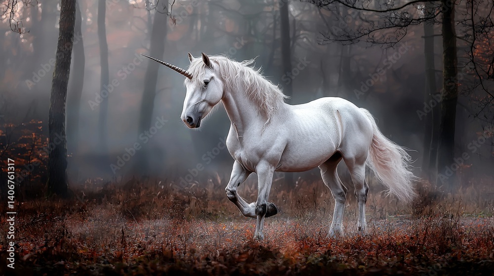 Poster majestic unicorn galloping through enchanted forest fantasy creature ethereal environment mystical v