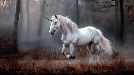 Majestic unicorn galloping through enchanted forest fantasy creature ethereal environment mystical view