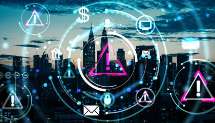 Digital cybersecurity warning symbols and financial icons over city skyline using double exposure and light effects concept of technology risk background.