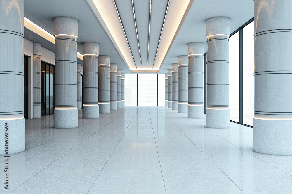 Poster empty modern office corridor with grey columns