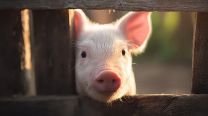 Fototapeta premium A curious piglet peeks through a rustic wooden fence, illuminated by soft natural light, creating a warm and inviting atmosphere.