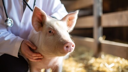 A veterinarian examines a healthy pig in a barn, showcasing the bond between animals and care professionals in agriculture.