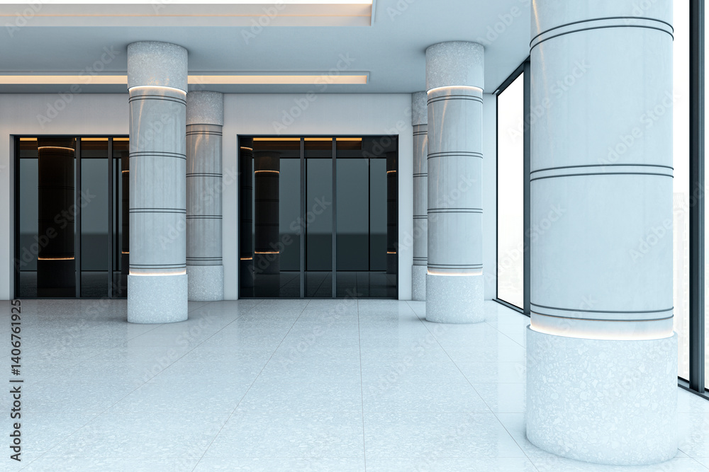 Poster empty modern office corridor with grey columns